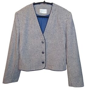 Pendleton Vintage Navy Off White Houndstooth Cropped Jacket Blazer Size 6 Preppy